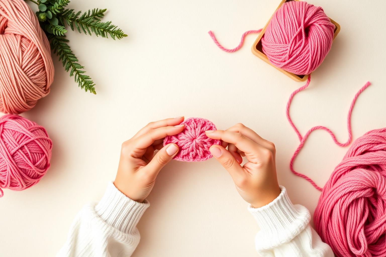 Hands crocheting with pink yarn